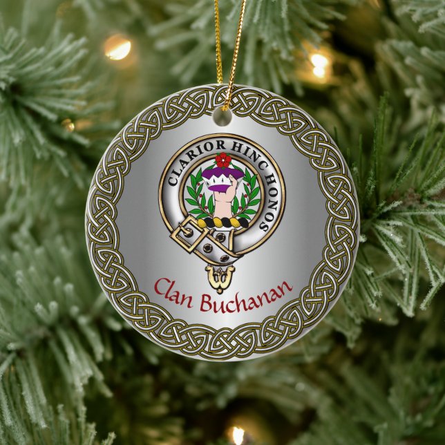 Adorno De Cerámica Buchanan Clan Badge & Tartan Thistle Personalized (Árbol)