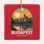 Adorno De Cerámica Budapest Hungría Viaje al arte<br><div class="desc">Diseño de viaje vectorial retro de Budapest en estilo emblema. Budapest,  la capital de Hungría,  está dividida por el río Danubio. Su Puente Cadena del siglo XIX conecta el barrio montañoso de Buda con la Pest plana.</div>