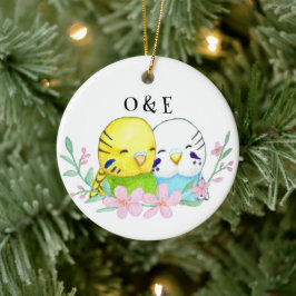 Adorno De Cerámica Budgie Lovebird Pareja Primera Navidad Juntos