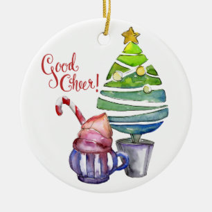 Adorno De Cerámica ¡Buen Alegre! Árbol, chocolate caliente, nombres f