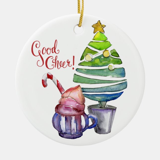 Adorno De Cerámica ¡Buen Alegre! Árbol, chocolate caliente, nombres f (Frente)