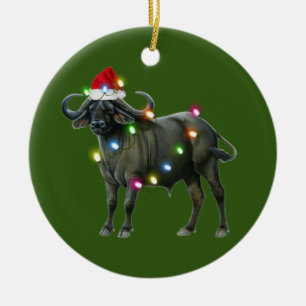 Adorno De Cerámica Búfalo con Navidades de luces Gorras