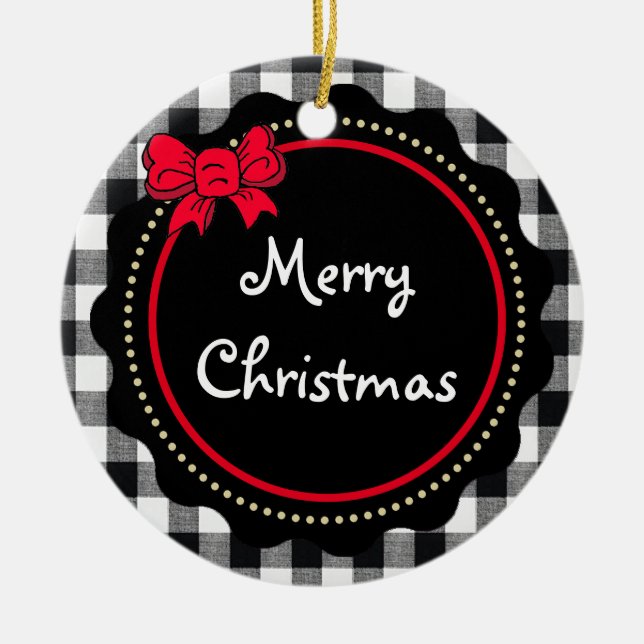 Adorno De Cerámica Búfalo jugado Feliz Navidad Negro y Blanco (Frente)