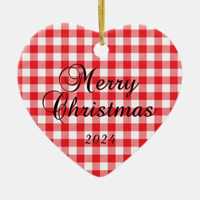 Adorno De Cerámica Búfalo Rojo Cheque Fotos de Pareja navideña (Frente)