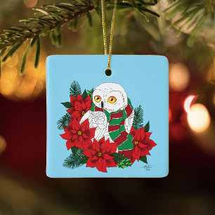 Adorno De Cerámica Bufanda de Navidad con Búho Nevado Festivo y Flore