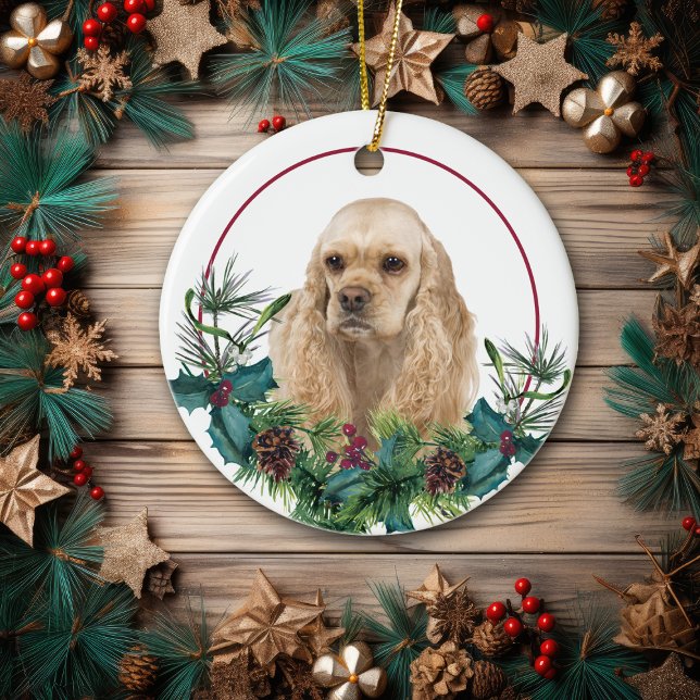 Adorno De Cerámica Buff Cocker Americano Spaniel Evergreen Wreath (Subido por el creador)