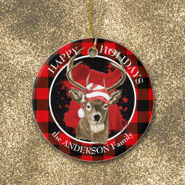 Adorno De Cerámica Buffalo Plaid Deer Santa Hat