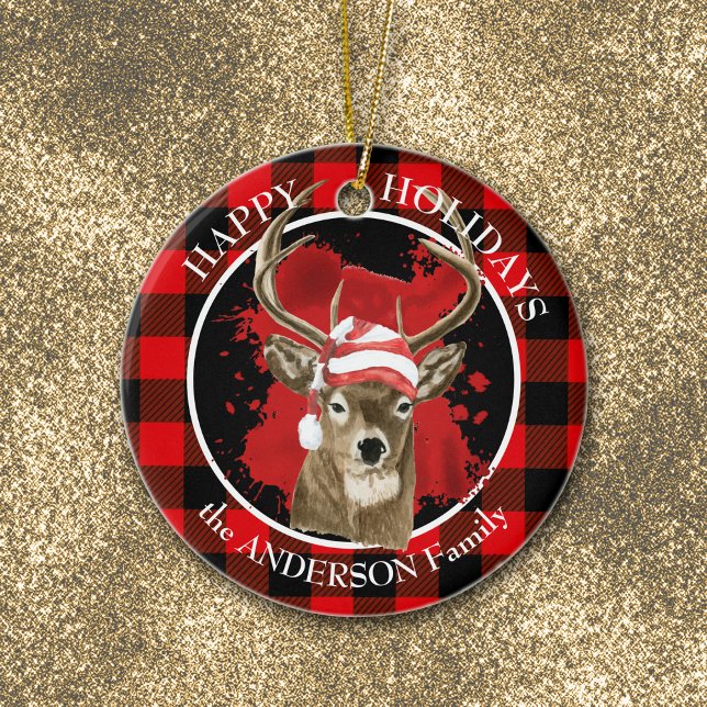 Adorno De Cerámica Buffalo Plaid Deer Santa Hat (Subido por el creador)