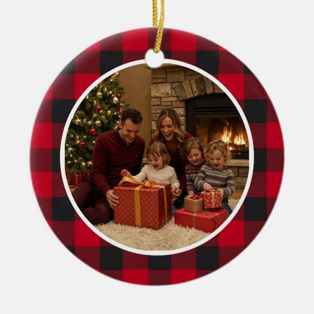 Adorno De Cerámica Buffalo Plaid Family Christmas (Frente)