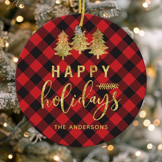 Adorno De Cerámica Buffalo Plaid Happy Holidays Personalizado (Subido por el creador)