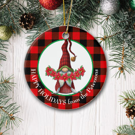 Adorno De Cerámica Buffalo Plaid Poinsettia Gnome