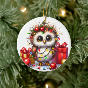 ADORNO DE CERÁMICA BUHO ADORABLE CON LUCES DE NAVIDAD Y REGALOS