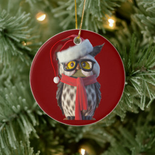Adorno De Cerámica Búho de Navidad con traje de Papá Noel y bufanda r