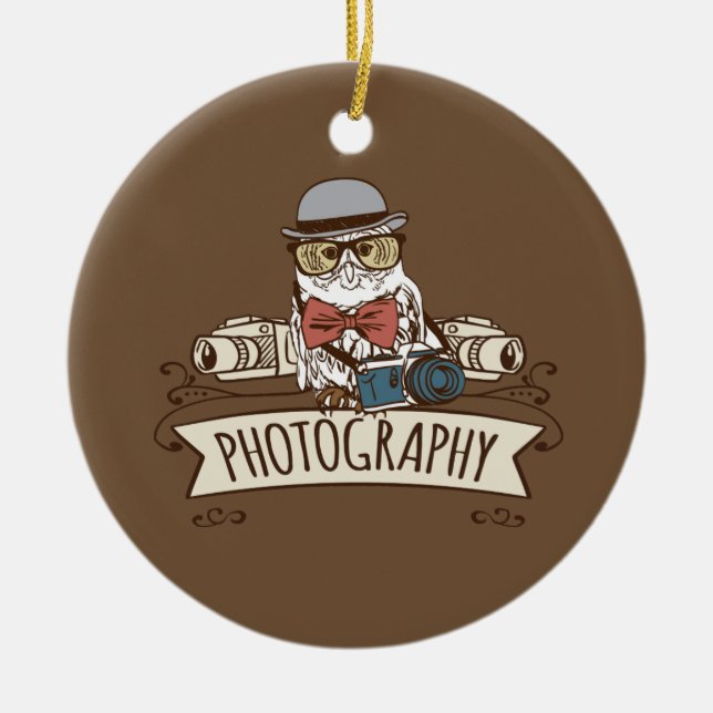 Adorno De Cerámica Búho del fotógrafo con la cámara (Frente)