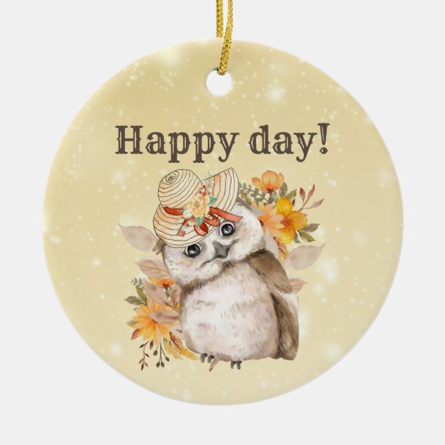 Adorno De Cerámica búho kawaii con fondo de hojas cálidas (Frente)