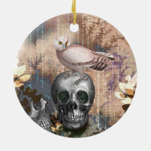 Adorno De Cerámica Búho sigiloso sobre calavera