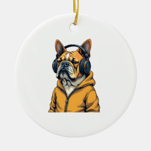 Adorno De Cerámica Bulldog Antiguo con Auriculares con Capucha Música