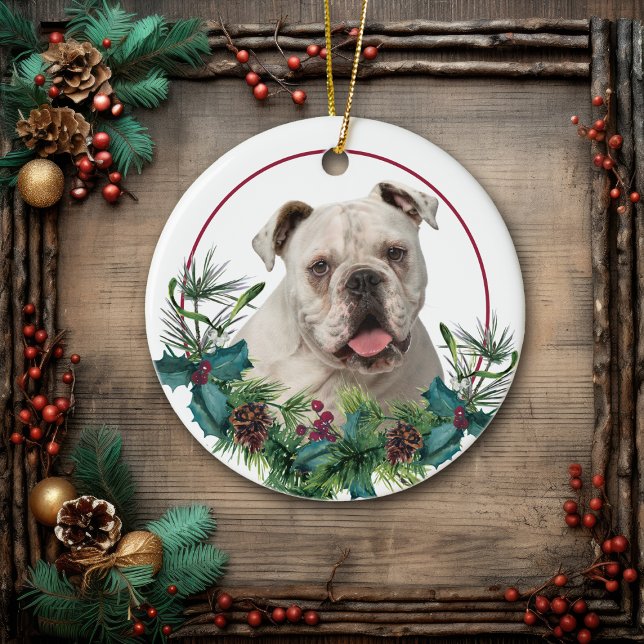 Adorno De Cerámica Bulldog blanco inglés Wreath Evergreen (Subido por el creador)