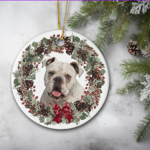 Adorno De Cerámica Bulldog blanco Pinecone Wreath personalizado