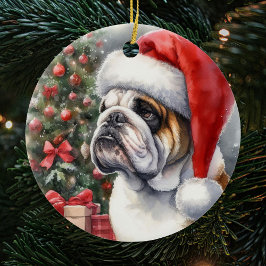 Adorno De Cerámica Bulldog con Navidades de Santa Hat