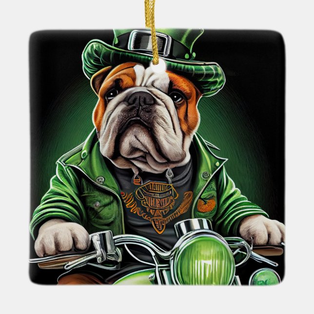 Adorno De Cerámica Bulldog conduciendo en bicicleta antes del Día de  (Anverso)