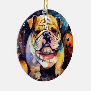 Adorno De Cerámica Bulldog de Halloween con calabazas temerosas