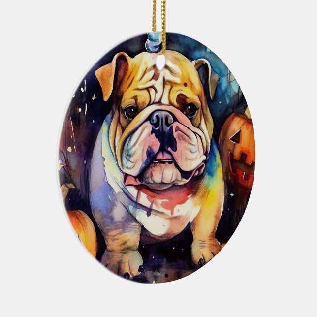 Adorno De Cerámica Bulldog de Halloween con calabazas temerosas (Derecha)