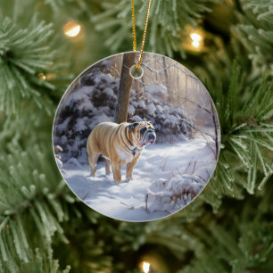 Adorno De Cerámica Bulldog Deja que nieve Navidad Cepillado