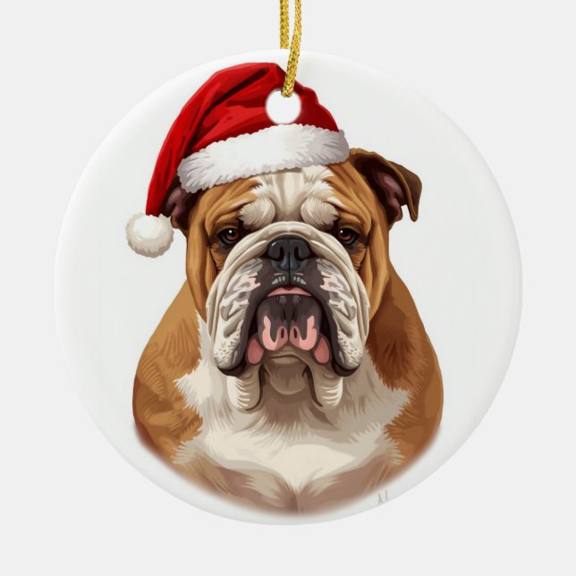 Adorno De Cerámica Bulldog Dog Santa Hat Merry Christmas Art (Frente)