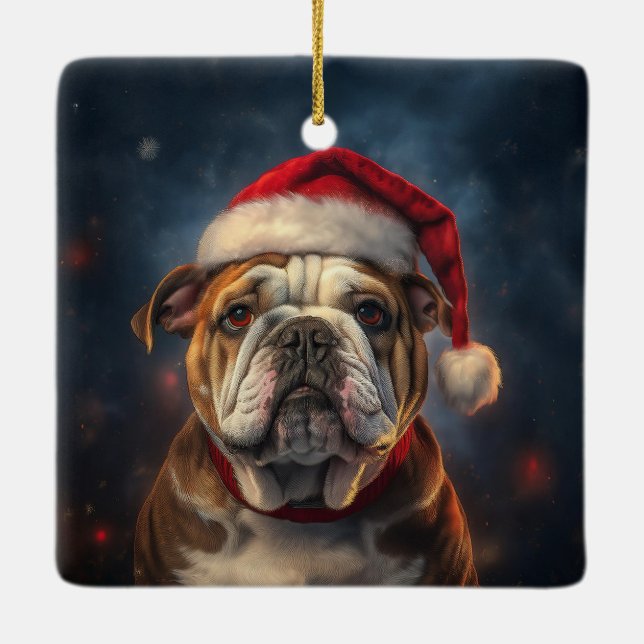 Adorno De Cerámica Bulldog En Inglés Con Navidades Gorra (Reverso)