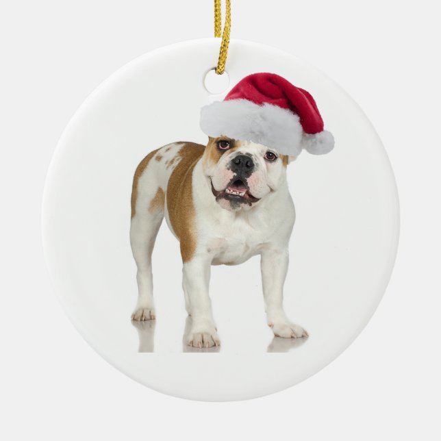 Adorno De Cerámica Bulldog en navidad del gorra de Santa (Frente)