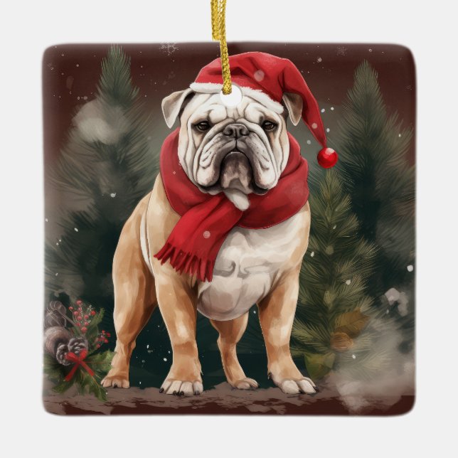 Adorno De Cerámica Bulldog en Navidades de nieve (Anverso)