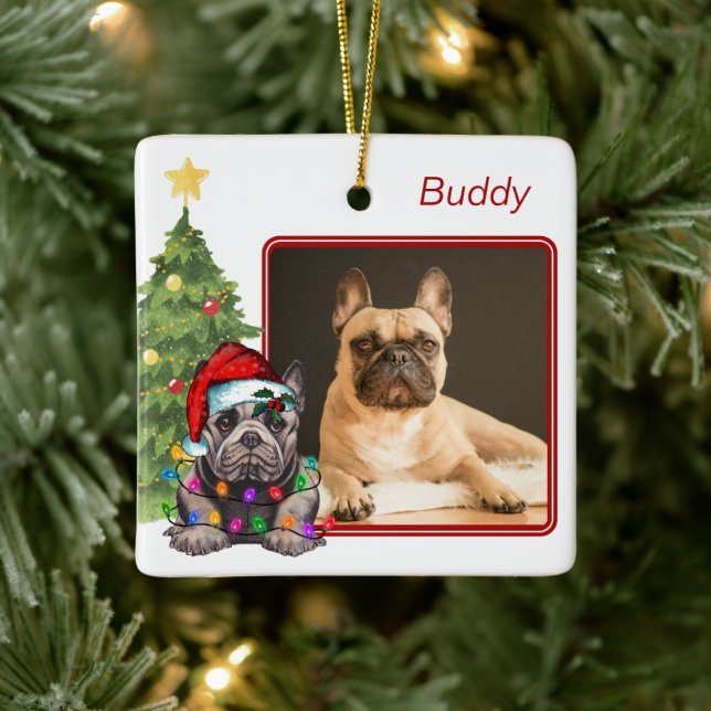 Adorno De Cerámica Bulldog francés Blanco Rojo Dos Navidades de Perro (Árbol)