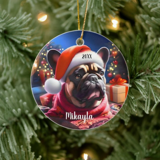 Adorno De Cerámica Bulldog francés con Navidades de Santa Hat (Árbol)