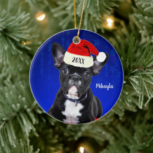 Adorno De Cerámica Bulldog francés con Navidades de Santa Hat (Árbol)