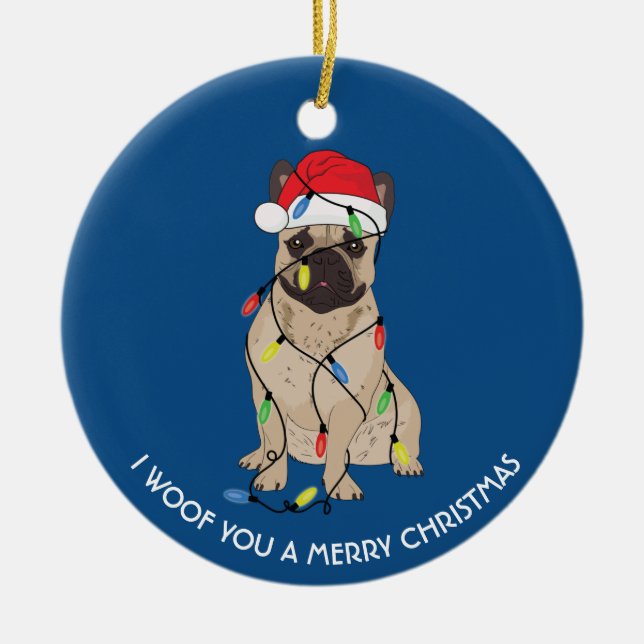Adorno De Cerámica Bulldog francés con Navidades enciende a Navidades (Frente)