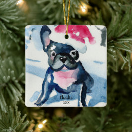Adorno De Cerámica Bulldog francés con sombrero Santa, nombre persona