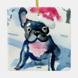 Adorno De Cerámica Bulldog francés con sombrero Santa, nombre persona