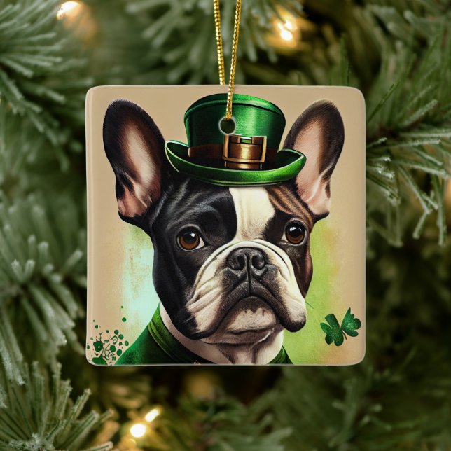 Adorno De Cerámica Bulldog francés con vestido de San Patricio (Árbol)
