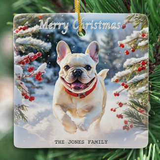 Adorno De Cerámica Bulldog Francés de color crema en la nieve Feliz N
