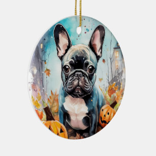 Adorno De Cerámica Bulldog Francés de Halloween con Calabazas Espeluz