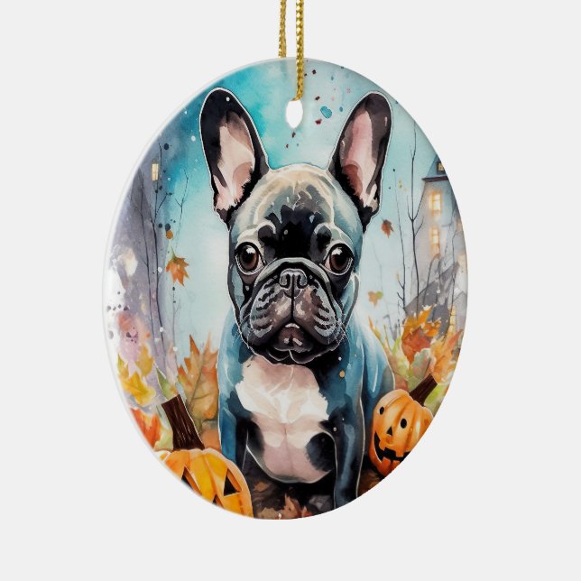 Adorno De Cerámica Bulldog francés de Halloween con calabazas temeros (Derecha)