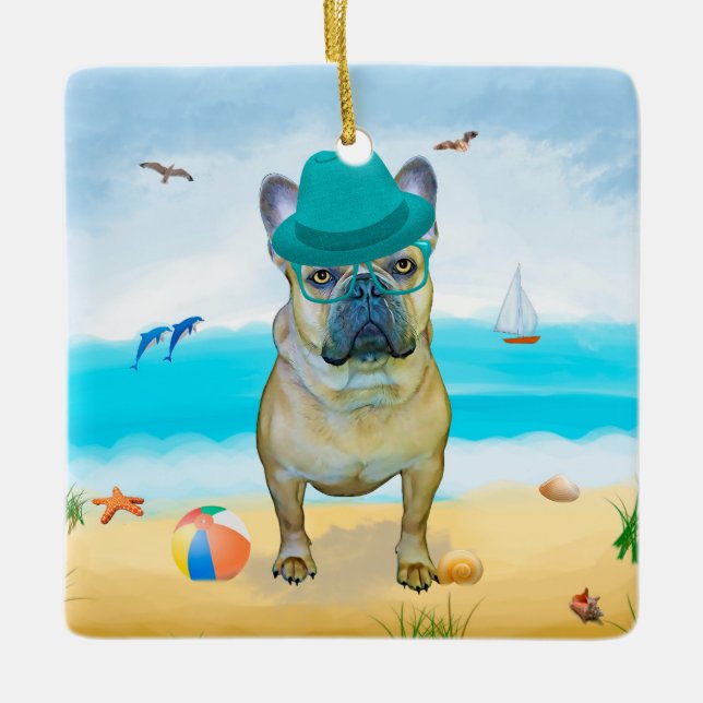 Adorno De Cerámica Bulldog francés en la playa (Anverso)