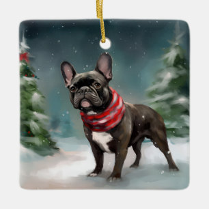 Adorno De Cerámica Bulldog Francés en Navidad con Nieve