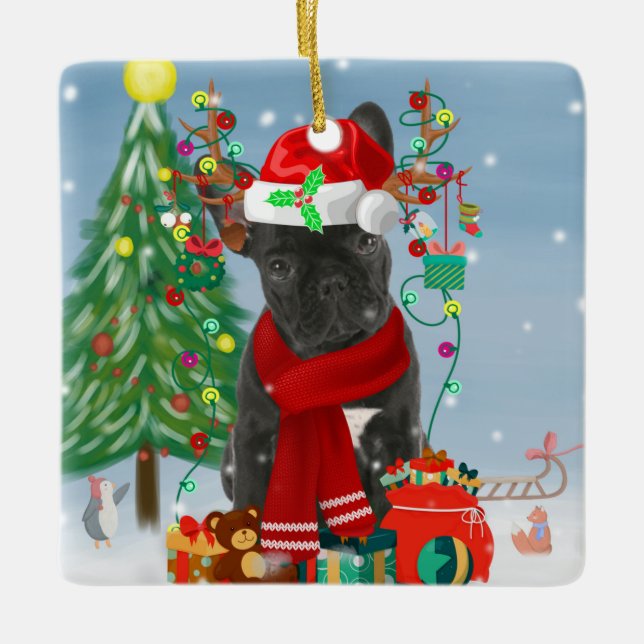 Adorno De Cerámica Bulldog francés en nieve con regalos de Navidades (Anverso)