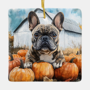 Adorno De Cerámica Bulldog francés en parche de calabaza