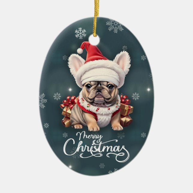 Adorno De Cerámica Bulldog francés lindo Santa Hat Feliz Navidad (Frente)