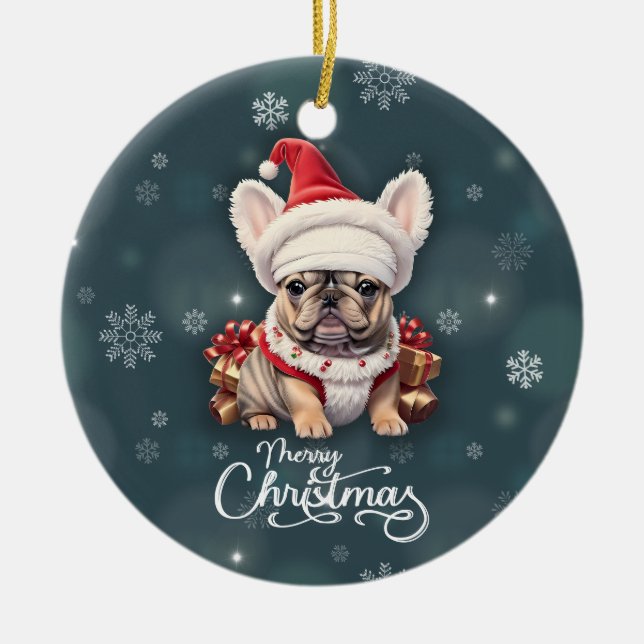 Adorno De Cerámica Bulldog francés lindo Santa Hat Feliz Navidad (Frente)