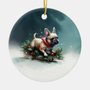 Adorno De Cerámica Bulldog Francés Navidad nieve invierno