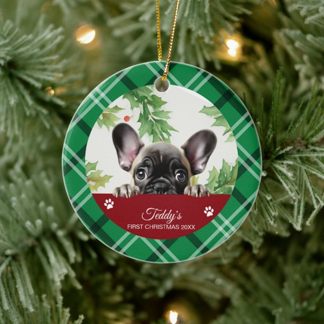 Adorno De Cerámica Bulldog Francés Primera Navidad Personalizada (Árbol)